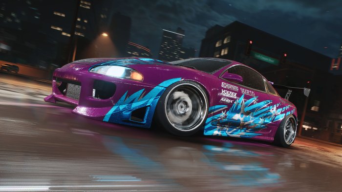Customized purple sports car driving at night