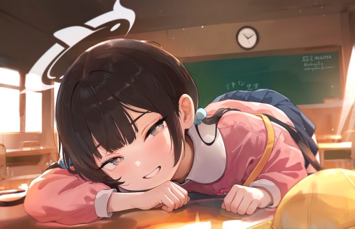 Anime girl sleeping on desk in classroom