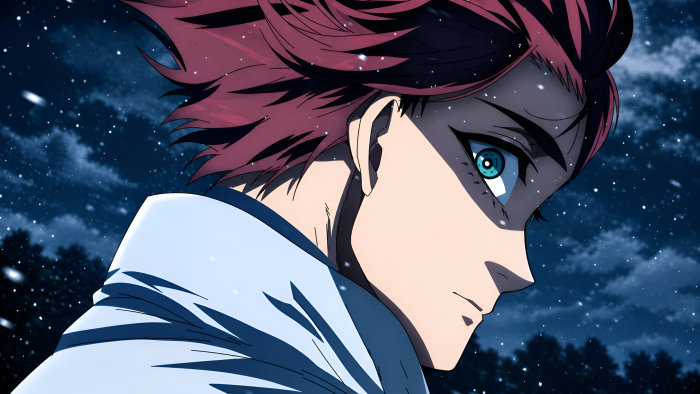 Anime character with red hair in the snow