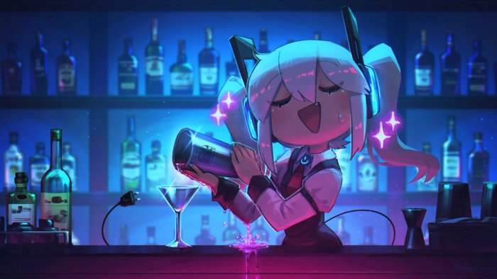 Anime girl bartender mixing a drink at a bar