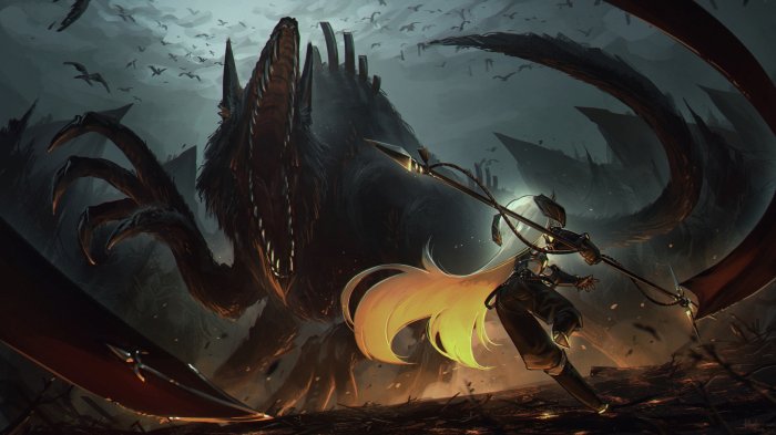 Girl fighting a giant monster with a spear