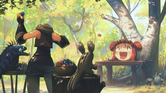 Anime characters picking berries in a forest