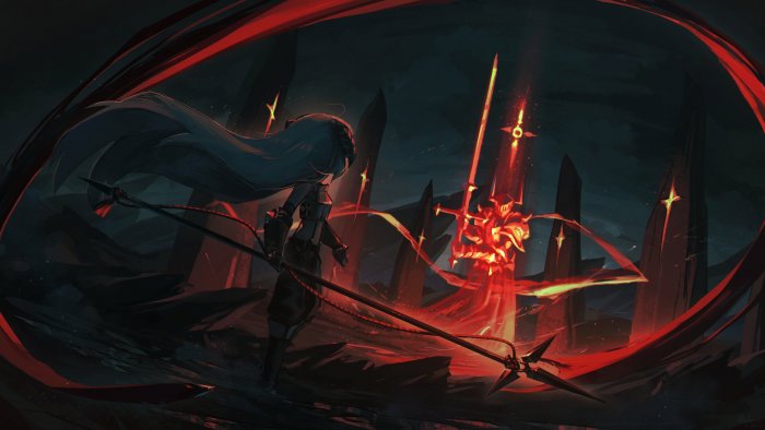 Anime girl with spear facing fiery knight