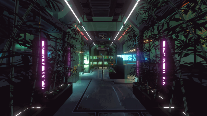 Futuristic interior with plants and neon lights