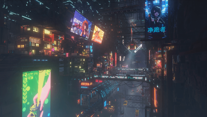 Cyberpunk city with neon signs and anime billboards