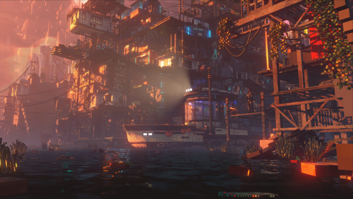Cyberpunk city with a boat on the water