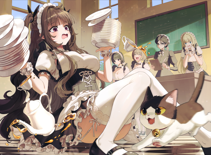 Maid drops dishes, cat runs by