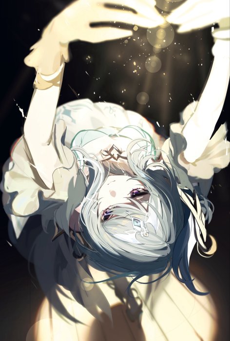 Anime girl in white dress with glowing particles