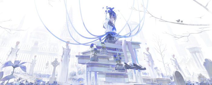 Anime girl in school uniform sitting in a graveyard