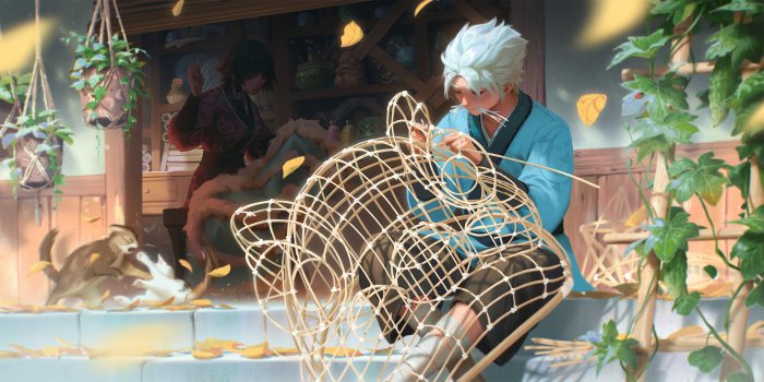 Man weaving a bamboo dragon with cats and plants