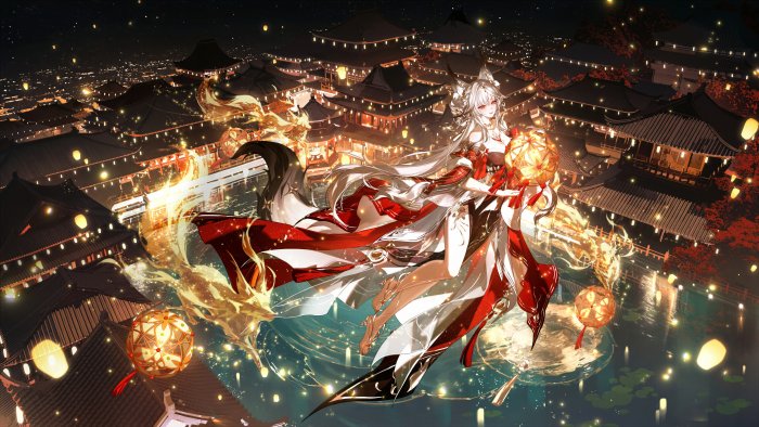 Kitsune girl in traditional Japanese town at night