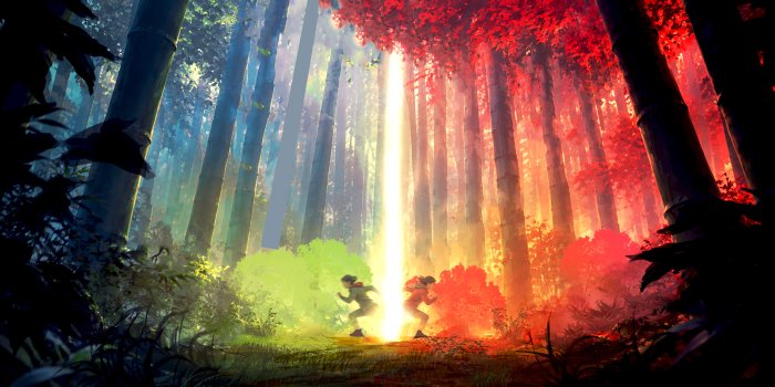 Two figures running through a vibrant, colorful forest