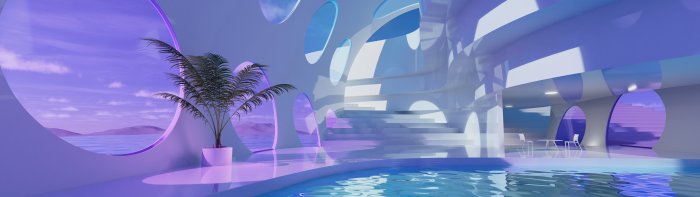 Futuristic interior with pool and ocean view