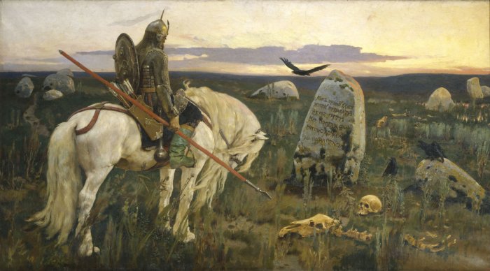 Knight on horseback at a crossroads with ancient stones
