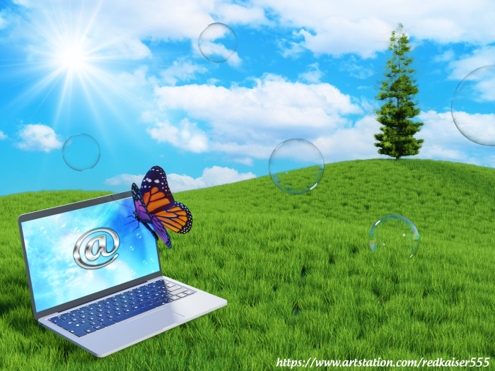 Butterfly on Laptop in Sunny Grassy Field with Bubbles