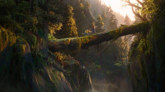 Two children crossing a log bridge in a forest