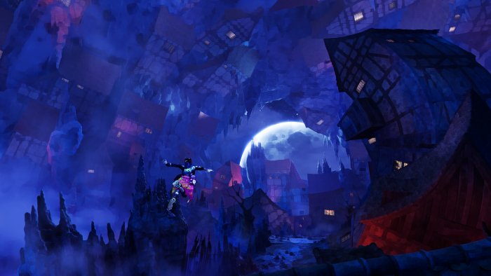 Character in a surreal, upside-down city with a large moon