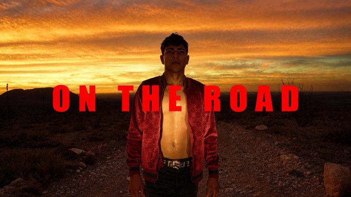 Man in red jacket on road with sunset sky