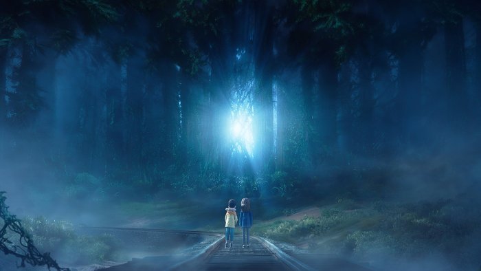 Two children walk towards a glowing light in a forest