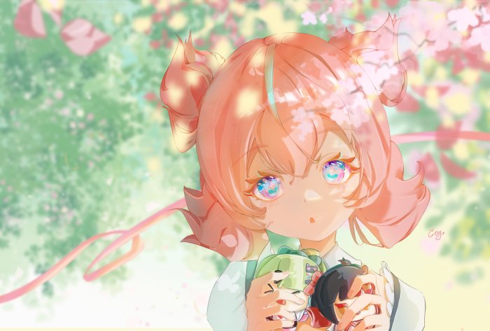 Anime girl holding plush toys under cherry blossoms