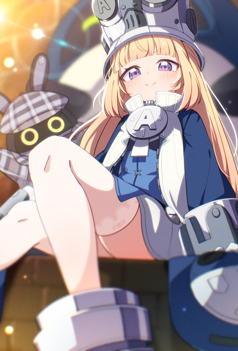 Anime girl with blonde hair and purple eyes, wearing a blue uniform