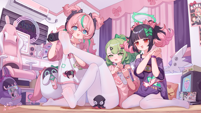 Three anime girls in a pink room playing games