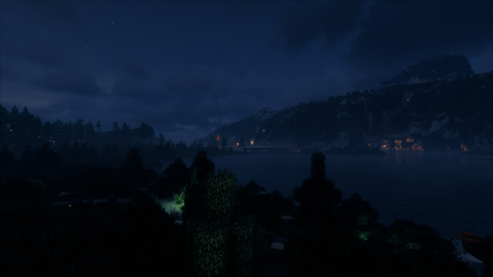 Minecraft night landscape with lake and mountains