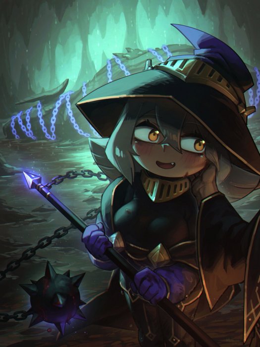 Anime Witch Holding a Mace in a Cave