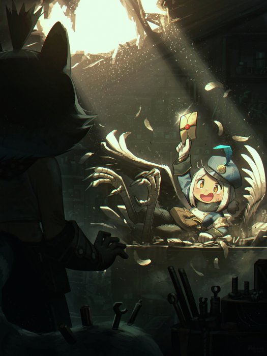 Cute bird-person receiving a letter in a workshop