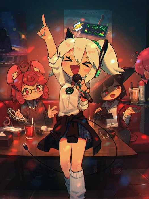 Anime girls singing karaoke in a dimly lit room
