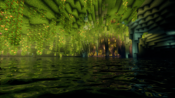 Minecraft cave with hanging vines and water
