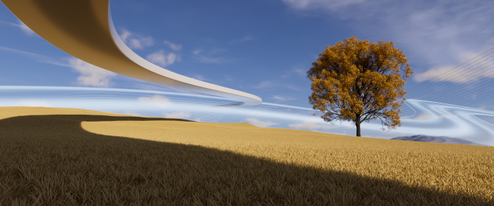 Autumn tree on a grassy hill with abstract sky elements