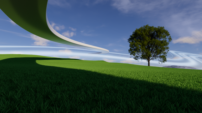 Surreal green landscape with a lone tree