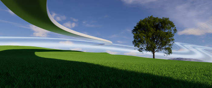 Surreal landscape with a lone tree and abstract elements