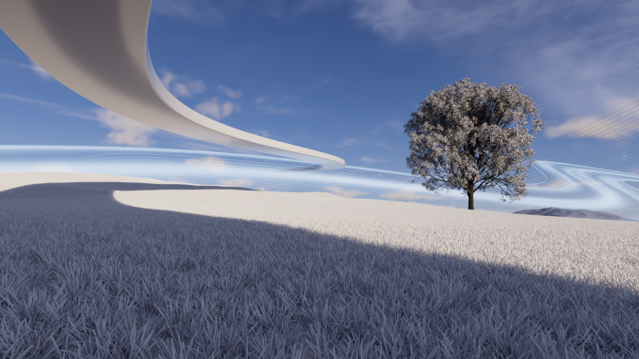 Surreal landscape with a lone tree and abstract structures