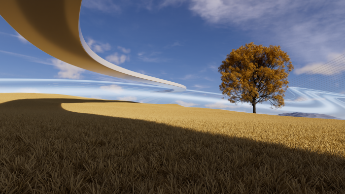 Surreal landscape with golden field and abstract rings