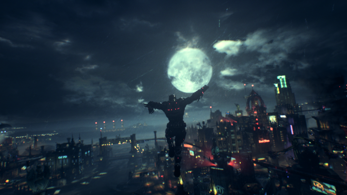 Batman gliding over Gotham City under a full moon