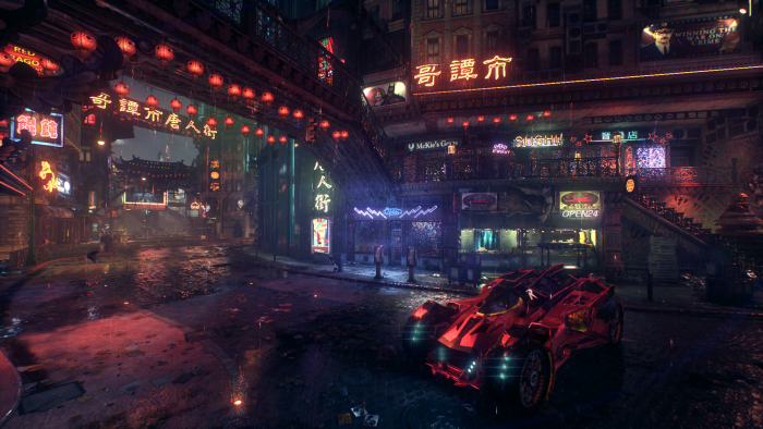 Red Batmobile in a rainy neon-lit Asian-inspired city