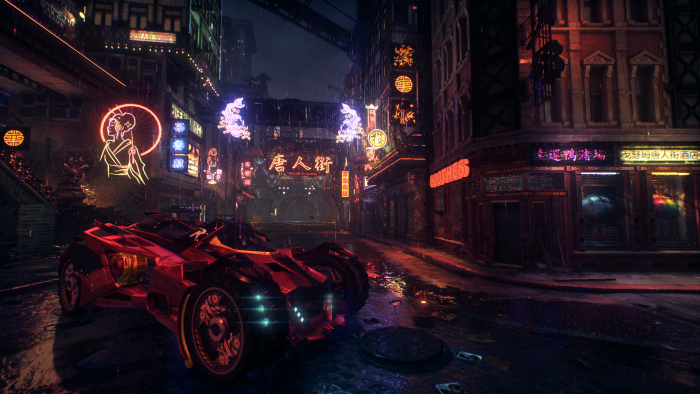 Batmobile in a rainy neon-lit Asian street