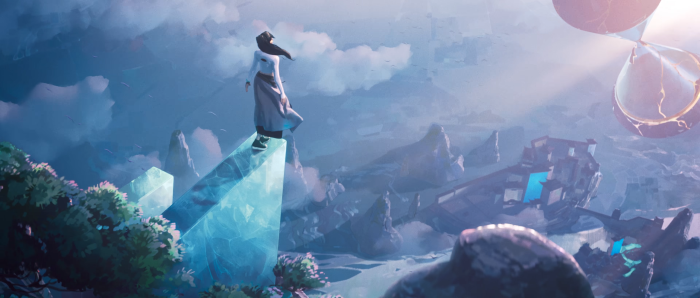 Woman on crystal, hourglass, and ruined city