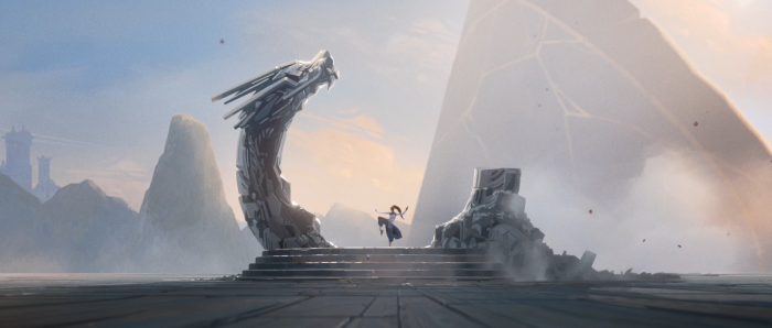 Woman practicing martial arts at ancient dragon monument
