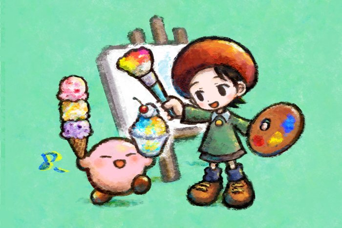 Kirby and artist with ice cream and easel