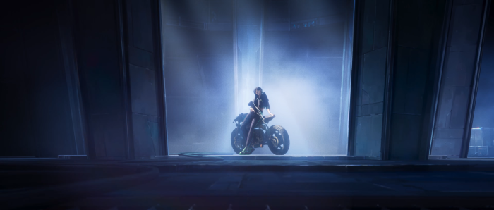 Anime girl on a motorcycle in a futuristic setting