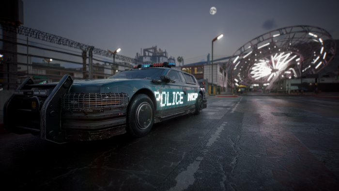 Cyberpunk Police Car on a Rainy Night Street