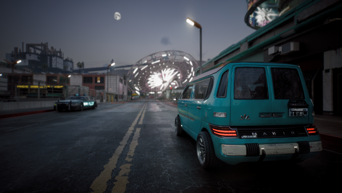 Cyberpunk city street with a police car and van