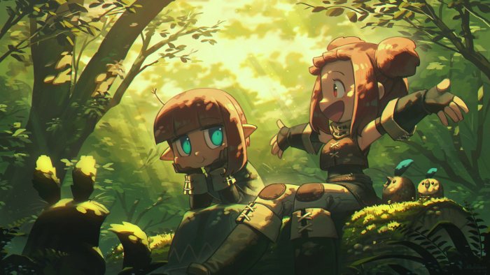 Two anime girls and cute creatures in a forest
