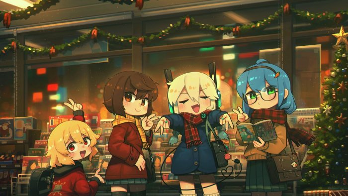 Four anime girls in winter clothes with Christmas decorations