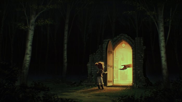 Girl at a glowing doorway in a dark forest
