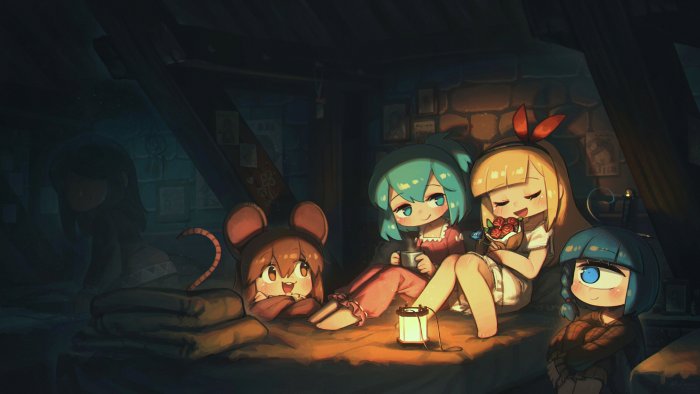 Four girls in a dimly lit room, one in mouse costume