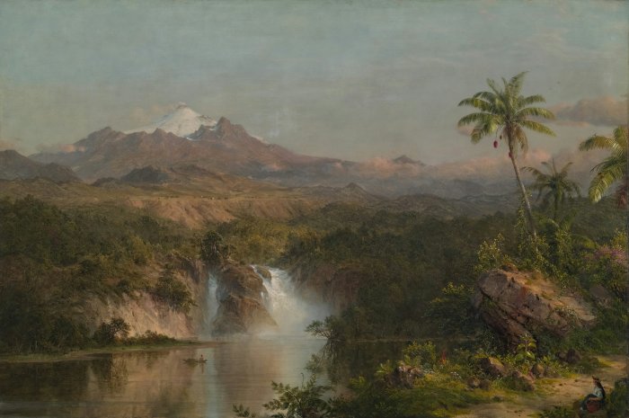 Painting of a tropical landscape with a volcano